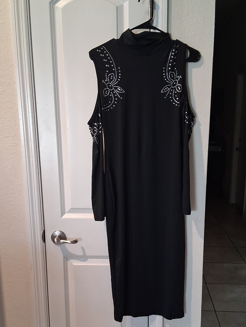 Black Cold-Shoulder Studded Midi Dress